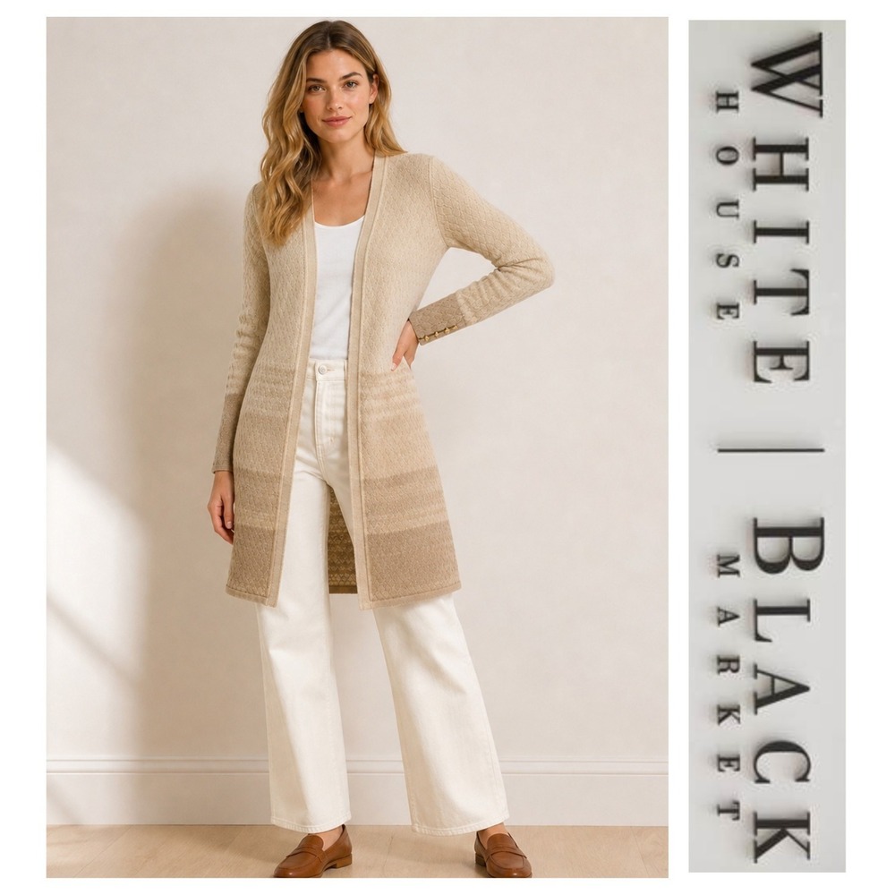 WHBM Beige Tan Ombre Knit Open Front Long Cardigan Sweater Size M